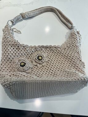 Hand-Crocheted Beige Floral Accent Shoulder Bag